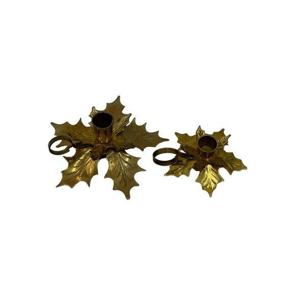 Holiday Vintage Pair Of Solid Brass Holly Candle Holders Christmas